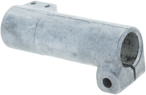 Tuleja wykaszarki 323RJ Husqvarna, metalowa, szara, cylindryczna, z otworem na końcu i jednym mocowaniem. Ujęcie pokazuje produkt z boku, w zbliżeniu, ujawniając detal widocznych wykończeń i połączeń. Tło czarne, podkreślające elementy tulei.
