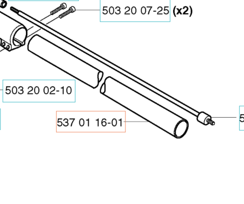 Rura wykaszarki Husqvarna 323RJ/524LK, aluminium, gładka, cylindryczna, z gwintowaną końcówką, rozłożona na białym tle z numerami katalogowymi.