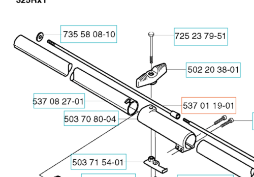 Wał napędowy DRIVE SHAFT ClickOn 843 mm do wykaszarki Husqvarna 323RJ. Widok z góry, elementy montażowe i numery części na jasnym tle. Metalowo-plastikowa konstrukcja bez napisów.