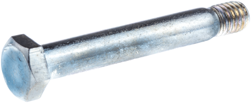 Śruba M6 x 45 mm, stalowa, srebrna, z sześciokątną główką i gwintem. Widok z boku pokazuje długość i kształt. Do wykaszarek, m.in. Husqvarna. Proste tło ułatwia identyfikację.