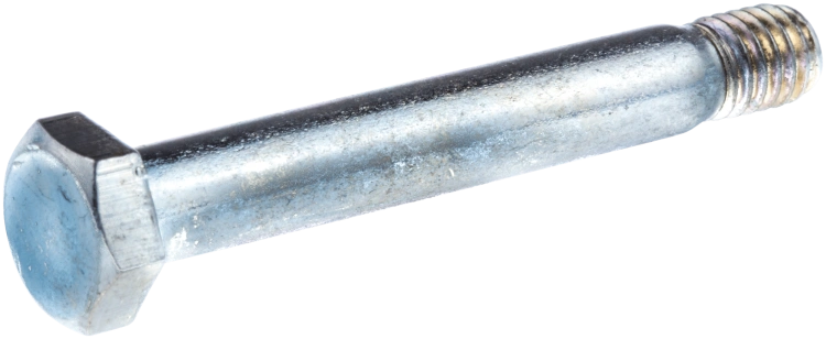 Śruba M6 x 45 mm, stalowa, srebrna, z sześciokątną główką i gwintem. Widok z boku pokazuje długość i kształt. Do wykaszarek, m.in. Husqvarna. Proste tło ułatwia identyfikację.