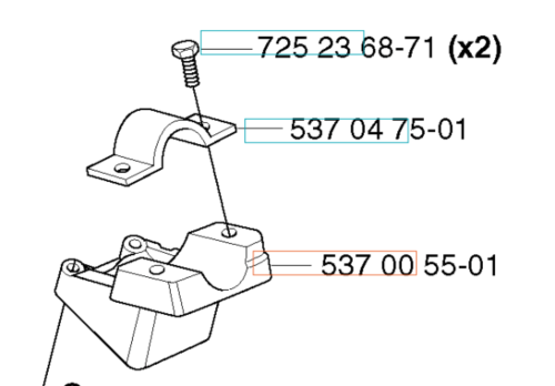 Wspornik/adapter wykaszarki 323RJ Husqvarna, z plastikowym mocowaniem, pokazany z przodu. Widoczne numery katalogowe: 725 23 68-71, 537 04 75-01 i 537 00 55-01. Elementy montażowe w jasno zarysowanej strukturze.