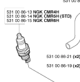 Świeca zapłonowa NGK CMR5H w kolorze srebrnym, o cylindrycznym kształcie, z metalowym gwintem i widocznym oznaczeniem modelu. Ujęcie z boku pokazuje styk elektryczny. Produkt leży na białym tle bez dodatkowych elementów.