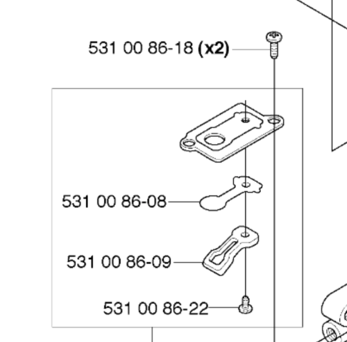 Śruba 4X8 do wykaszarki Husqvarna 323RJ w komplecie z dwoma innymi elementami. Widok z boku, zbliżenie na detale. Kluczowe oznaczenia na częściach są czytelne, a całość na białym tle, co podkreśla ich kształt i funkcję.