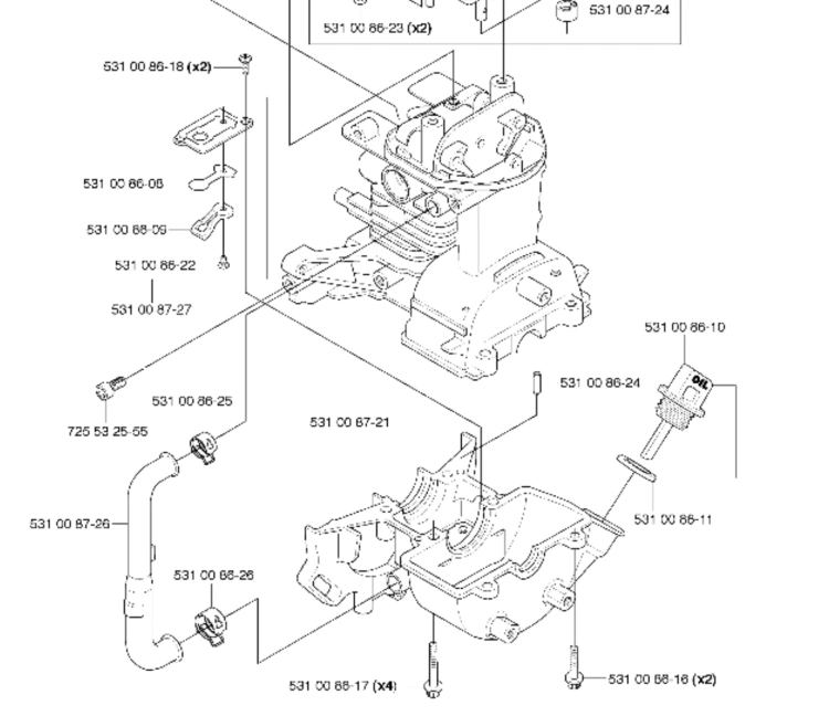 Śruba 4X8 do wykaszarki Husqvarna 323RJ, metaliczna, w pełnym profilu, o prostokątnym kształcie. Widoczna z boku, na jasnym tle, bez dodatkowych elementów. Jest częścią konstrukcji silnika, stosowana do mocowania. Wymiary i napisy nieczytelne.