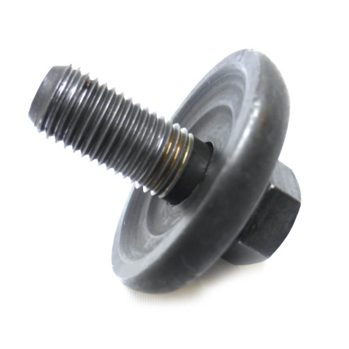 Śruba M5x30 do wykaszarki Husqvarna 323RJ, metalowa, z gwintem na całej długości; widoczny cylindryczny kształt z okrągłą podkładką; ciemnoszary kolor; ujęcie z boku, na jednolitym, białym tle.