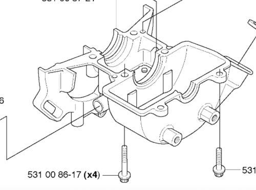 Śruba M5X30 do wykaszarki Husqvarna 323RJ, metalowa, z gwintem, umieszczona w zbliżeniu obok części podzespołu. Widoczne elementy mocujące oraz otwory na śruby, na białym tle. Idealna do montażu w sprzęcie ogrodniczym.
