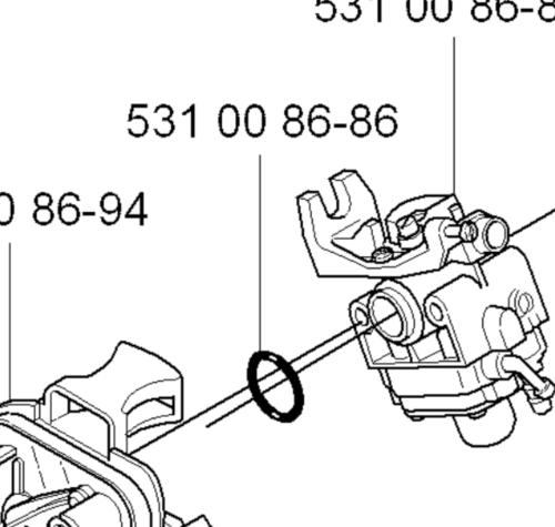Uszczelka o-ring do wykaszarki 324RX Husqvarna, czarna, okrągła, zamontowana na mechanizmie, widoczna z boku. Detal ilustrujący położenie uszczelki w kontekście elementów silnika. Tło schematyczne z oznaczeniem numerów katalogowych.
