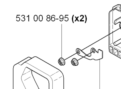 Nakrętka i elementy mocujące wykaszarki 324RX Husqvarna, widok od przodu. Prezentuje dwa okrągłe, metalowe mocowania oraz płaską część mocującą. Czytelny numer katalogowy: 531 00 86-95. Elementy w neutralnym białym tle.