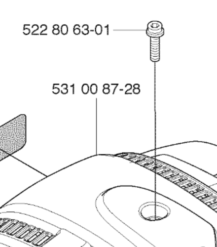 Śruba M5x15 do wykaszarki Husqvarna 324RX, metalowa, z gwintem. Ujęcie z boku w zbliżeniu, ukazujące szczegóły konstrukcji. Widoczne numery części w tle, na jednolitym tle, co ułatwia identyfikację produktu.