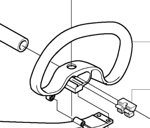 Uchwyt D-STYLE do wykaszarki Husqvarna 323RJ, widok bokiem. Wykonany z wytrzymałego materiału, ergonomiczny, z dwoma mocowaniami i otworem montażowym. Na białym tle, eksponującym szczegóły.