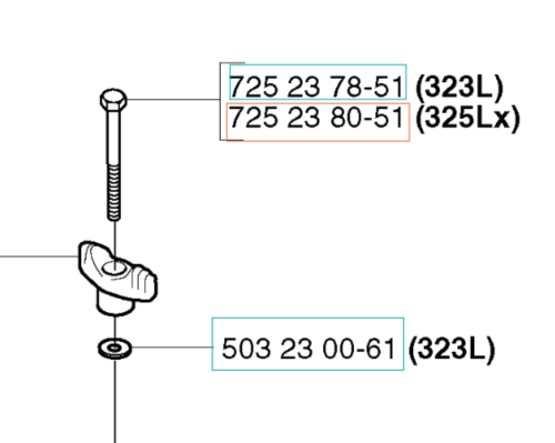 Śruba M 6 X 50 8.8 ZPB do wykaszarek, widoczna z góry, o regularnym kształcie, metaliczna. Na śrubie czytelne numery katalogowe: 725 23 78-51, 725 23 80-51, 503 23 00-61. Bez tła, detal położony na białej powierzchni.