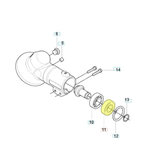 Zbliżenie łożyska kulkowego 6001-2Z-C3 z przekładnią do kosy 135R, 333R. Metalowa konstrukcja z wyraźnym oznaczeniem i żółtymi detalami podkreślającymi funkcje montażowe.