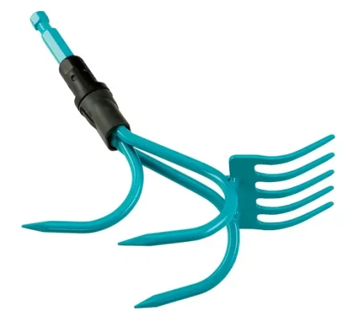 Grabie Gardena Combisystem 2 w 1 w kolorze błękitnym, z trzema szerokimi pazurkami, wykonane z metalu. Uchwyt jest cylindryczny, czarny, z elementem mocującym. Produkt prezentowany z boku, umożliwiający ocenę kształtu i detali konstrukcyjnych.
