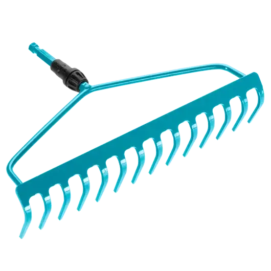 Grabie kabłąkowe Gardena o szerokości 36 cm, wykonane z metalu w kolorze błękitnym, z 13 zębami zaprojektowanymi do zbierania liści oraz resztek roślinnych. Ujęcie frontalne, ukazujące ergonomiczny uchwyt, dobrze widoczny na jednolitym tle.