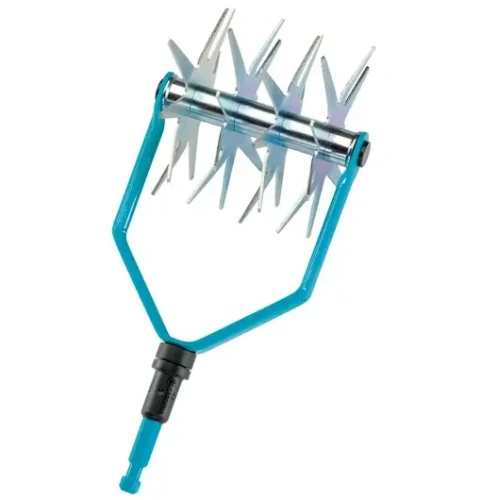 Kultywator gwiazdowy Gardena, średnica 14 cm, metalowe ostrza gwiazdowe, błękitny uchwyt z mocowaniem. Frontalne ujęcie na białym tle, pokazujące konstrukcję i materiał.