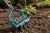 Kultywator gwiazdowy Gardena o średnicy 14 cm, z metalową głowicą i niebieską rączką z tworzywa sztucznego. Produkt ułożony na ziemi w ogrodzie, z widocznymi roślinami w tle. Zbliżenie na detale ostrzy kultywatora.