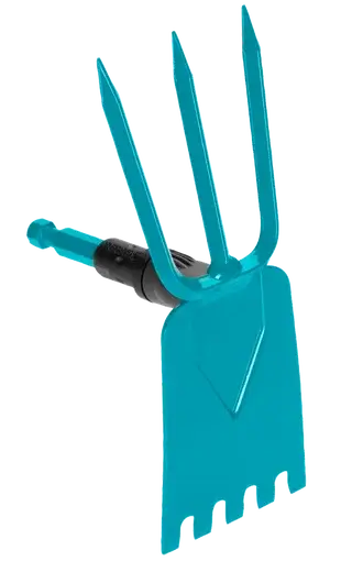 Motyczka prosta 9 cm Gradena w intensywnym błękitnym kolorze, posiada trzy stalowe zęby oraz równą głowicę z wyprofilowanym ostrzem. Uchwyt wykonany z czarnego tworzywa, równoległy do poziomu, prezentowany z boku na jasnym tle.