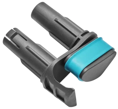 Czarny uchwyt trzonka Flex z niebieskim akcentem, z tworzywa sztucznego. Z boku widać otwory mocujące i ergonomiczny kształt, ułatwiający użycie narzędzi ogrodowych.