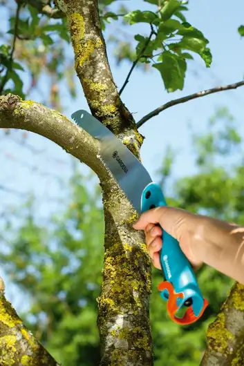 Piła ogrodowa Gardena 300PP z niebieskim, ergonomicznie uformowanym uchwytem i metalowym ostrzem, dwukolorowa rękojeść z pomarańczowym akcentem. Ujęcie z boku pokazuje cięcie gałęzi drzewa. Tło to zielone liście i niebo.