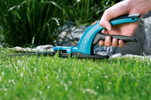 Niebieskie nożyce do trawy z czarnymi uchwytami na zielonej trawie. Zbliżenie pokazuje mechanizm tnący i ergonomiczną rączkę na tle roślin.