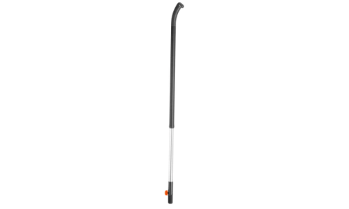 Aluminiowy trzonek Gardena Combisystem 130, srebrno-czarny, prosty, długi, z uchwytem i blokadą, frontowo na jednolitym tle, do narzędzi ogrodowych.