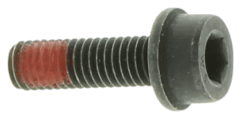 Śruba M5 x 12 12.9 DS z czerwoną substancją zabezpieczającą na gwincie, w układzie poziomym. Metalowa, matowa powierzchnia, sześciokątna główka, średni rozmiar. Widoczne nacięcia gwintu oraz oznaczenia jakości materiału.