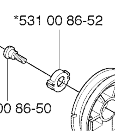 Ustalacz rozrusznika wykaszarki 324RX Husqvarna, metalowy element z widoczną gwintowaną częścią i detalem zapewniającym mocowanie, przedstawiony w perspektywie frontalnej. W tle czytelne numery części: 531 00 86-50 i 531 00 86-52.