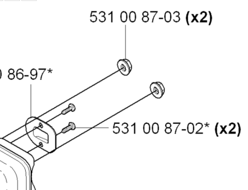 Nakrętka M5 do wykaszarki Husqvarna 324RX, metalowa, z gwintem. Ujęcie frontalne, z widocznymi dwoma otworami montażowymi oraz oznaczeniami części. W zestawie dwa elementy, przedstawione w kontekście montażowym na detalu narzędzia.