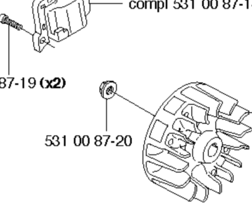 Nakrętka M7 wykaszarki 324RX Husqvarna, metalowa, w kolorze srebrnym, o okrągłym kształcie. Widok z góry, na tle białym. Na śrubie widoczne oznaczenie 531 00 87-20, a obok dodatkowy element oznaczony numerem 87-19 (x2).