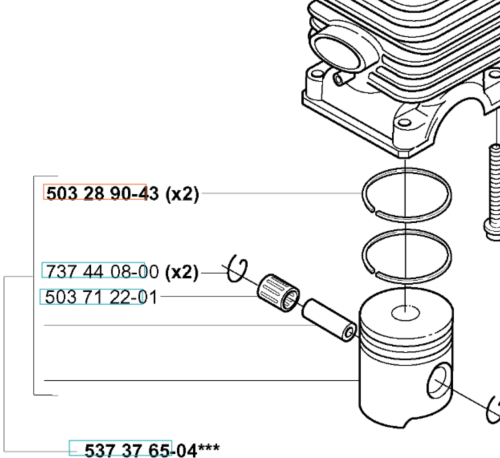 Fragment instrukcji części pierścienia G2 do wykaszarki Husqvarna 325RJX, pokazujący tłok z pierścieniami, cylinder i mocowanie, z opisanymi numerkami elementów na białym tle, w technicznym ujęciu skupionym na detalach.