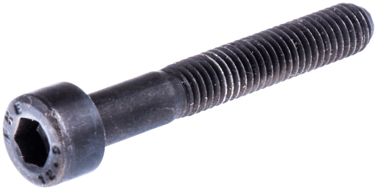 Śruba M5 x 35 12.9, czarna, metalowa, z gładką główką i gwintem na całej długości. Ujęcie z boku, pokazujące całą długość elementu. Widoczna etykieta 12.9 na główce. Produkt przeznaczony do wykaszarek Husqvarna 325RJX.