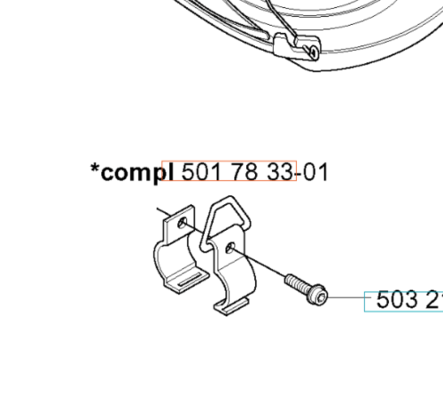 Uchwyt zawieszenia wykaszarki 325RJX Husqvarna, metalowy, w kolorze srebrnym. Widok z góry pokazuje dwa uchwyty i śrubę. Uchwyty mają głębokie wcięcia oraz otwory do montażu. Elementy są ułożone poziomo na prostym tle.