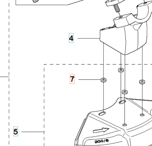 Nakrętka samohamowna do wykaszarki 324RX Husqvarna, metalowa, o prostokątnym kształcie z oznaczeniami 200/6 oraz strzałką wskazującą kierunek. Widok z boku, ukazuje detale mocowania. Oznaczenia wizualne numery 4 i 5 w kontekście montażu.