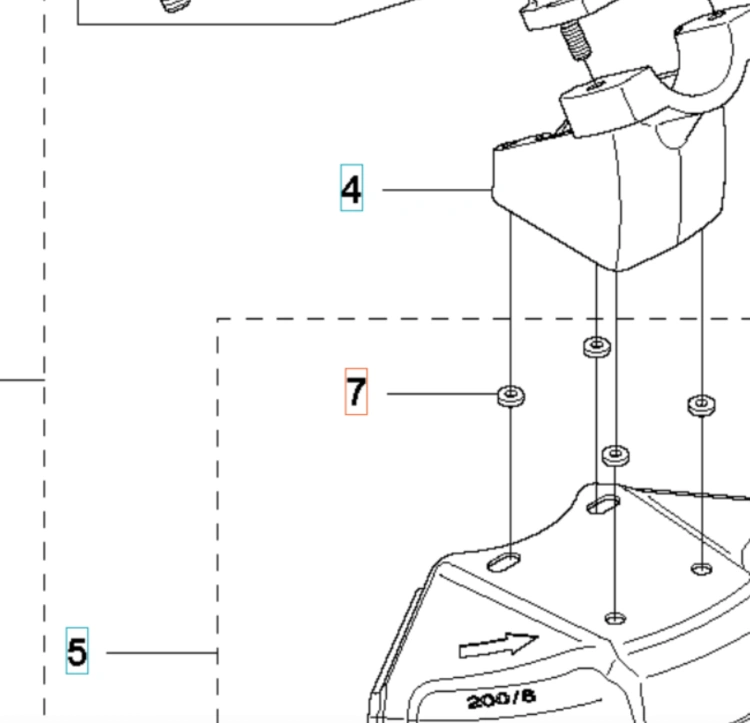 Nakrętka samohamowna do wykaszarki 324RX Husqvarna, metalowa, o prostokątnym kształcie z oznaczeniami 200/6 oraz strzałką wskazującą kierunek. Widok z boku, ukazuje detale mocowania. Oznaczenia wizualne numery 4 i 5 w kontekście montażu.