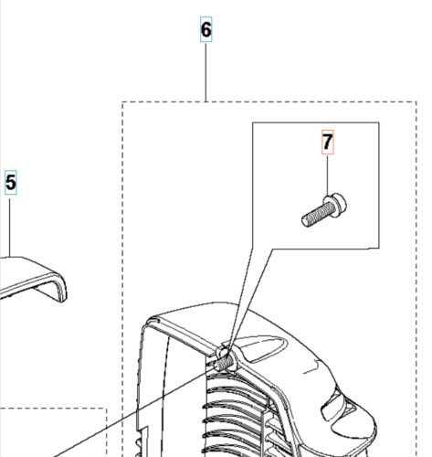 Śruba mocująca wykaszarki Husqvarna MT5x25, 10 sztuk. Widoczna z boku, metalowa w kolorze srebrnym, z gwintem oraz główką. Zbliżenie na mocowanie do obudowy wykaszarki. Tło proste, białe, bez dodatkowych elementów.