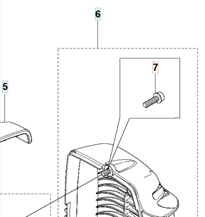 Śruba mocująca wykaszarki Husqvarna MT5x25, 10 sztuk. Widoczna z boku, metalowa w kolorze srebrnym, z gwintem oraz główką. Zbliżenie na mocowanie do obudowy wykaszarki. Tło proste, białe, bez dodatkowych elementów.
