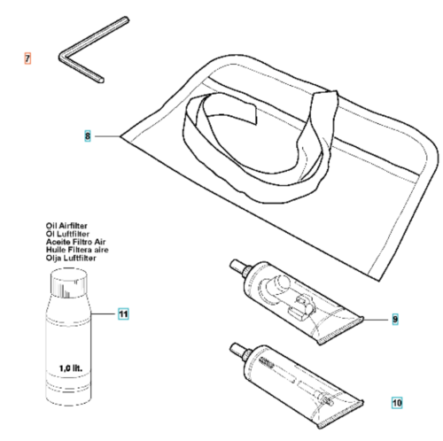 Klucz wykaszarki Husqvarna 325RJX w kolorze metalicznym, w formie litery L z wygiętym końcem. Obok worek transportowy z rączką, pojemnik na olej o pojemności 1,0 l oraz dwie tuby, każda z wlotem. Całość na białym tle, z widocznymi detalami.