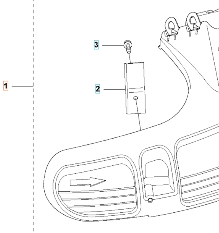 Ergonomiczna osłona wykaszarki Husqvarna 325RJX z mechanizmem montażowym, mocowaniami i instrukcją, na białym tle, widok frontalny.