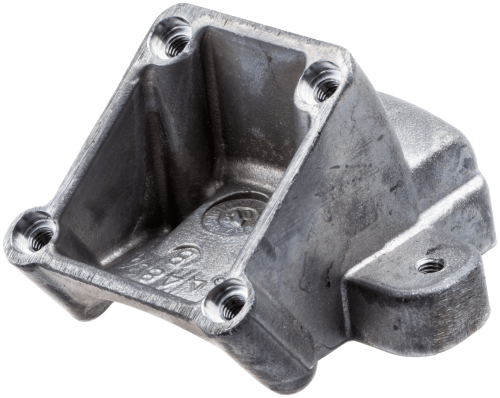 Adapter wykaszarki Husqvarna 355RX w kolorze szarym, wykonany z metalu, z prostokątnym kształtem. Widok z boku, ukazujący otwory montażowe i detale obudowy. Produkt leży na jednolitym tle, podkreślając jego konstrukcję.