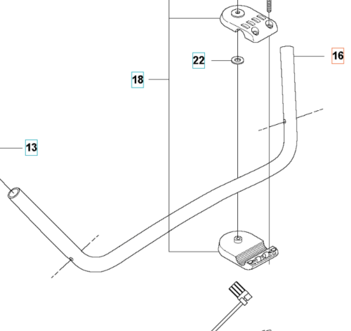 Przedni, srebrny, metalowy uchwyt do wykaszarki Husqvarna 355RX z zaokrąglonym końcem i widocznym mocowaniem, ukazany z boku na płaskim tle, z dobrze widocznymi detalami montażowymi i długością.
