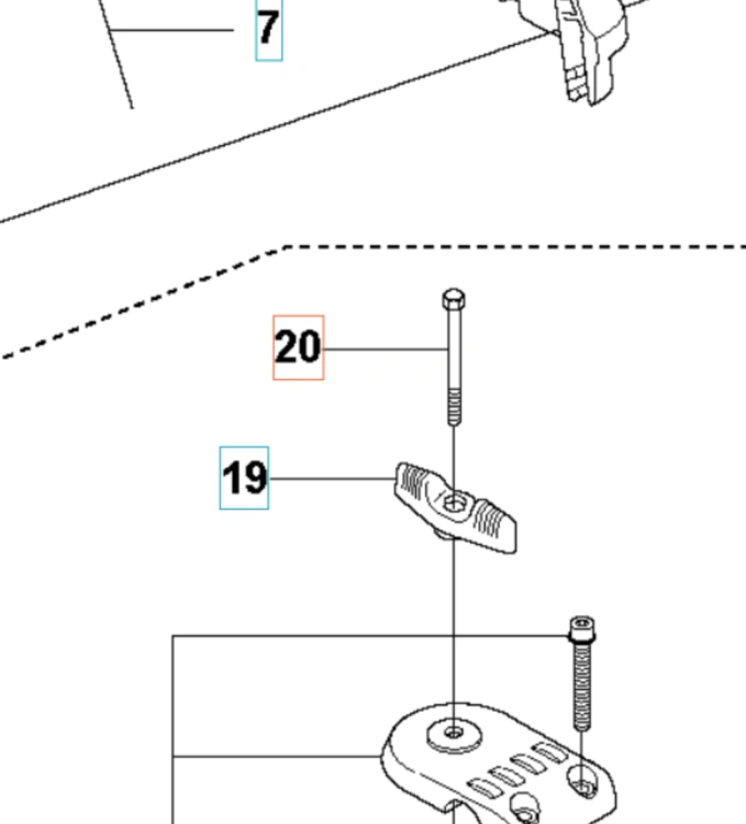 Śruba M6x70 10.9 do wykaszarki Husqvarna 355RX, widoczna z boku. Metaliczna, z gwintem, o cylindrycznym kształcie i główką. Obok znajduje się element mocujący z widocznymi otworami. Tło proste, białe, podkreślające detale produktu.