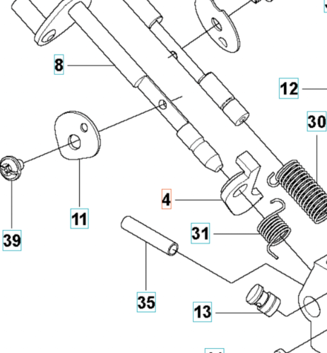 Dźwignia gazu do wykaszarki Husqvarna 355RX w kolorze szarym, wykonana z metalu. Widoczna z boku, z detalami mocujące i sprężynowymi. Produkt przedstawiony w zerowym tle, eksponującym szczegóły konstrukcji. W zestawie z elementami montażowymi.