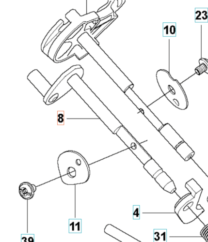 Wałek do wykaszarki Husqvarna 345FR z metalowym trzonkiem i akcesoriami, widok z góry. Metaliczne elementy z numerami części, zamocowaniami i detalami konstrukcyjnymi. Nowy produkt na neutralnym tle.