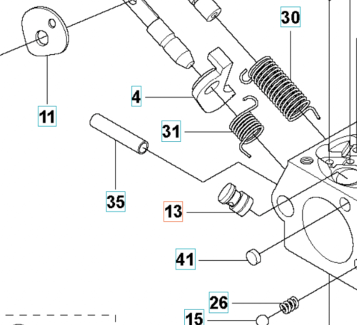 Zespół dyszy wykaszarki 355RX Husqvarna z widocznymi sprężynami, zaworami i osłonami. Ujęcie boczne pokazuje detale montażu i numeryczne oznaczenia na białym tle.