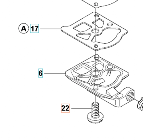 Śruba gaźnika do wykaszarki Husqvarna 545RX, wykonana ze stali, z gwintem u podstawy. Ujęcie przedstawia subtelne szczegóły, w tym oznaczenia numerów części: A17, 6, 22. Elementy są ukazane w układzie montażowym, na białym tle.