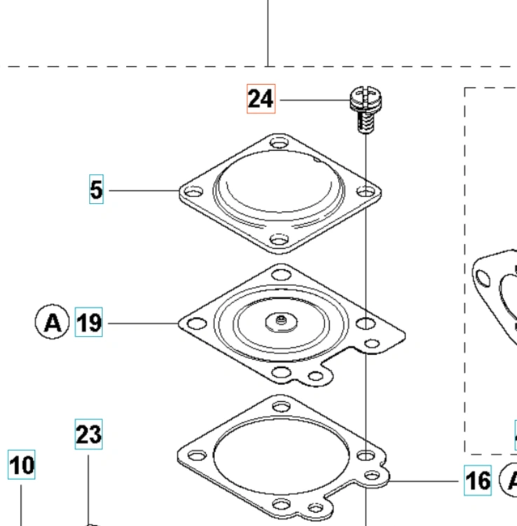 Śruba gaźnika do pilarki Husqvarna 461, metalowa, z gwintem i podkładką, widoczna z boku, na jednolitym tle. Zawiera oznaczenia i numery części (24, 5, 19, 23). Element występuje w składzie zestawu z innymi częściami gaźnika.
