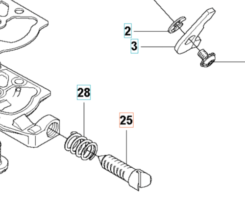 Śruba gaźnika do wykaszarki Husqvarna 355FRM, metalowy cylindryczny element z dolnym gwintem, widok boczny. W tle inne części gaźnika na jasnym tle.