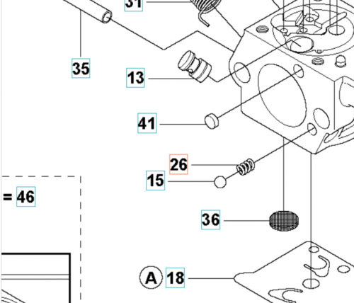 Sprężyna gaźnika do wykaszarki Husqvarna 355RX, widoczna z boku. Element metalowy o spiralnym kształcie, umieszczony obok charakterystycznych otworów w korpusie. Zdjęcie na białym tle, skupiające się na szczegółach konstrukcji sprężyny.