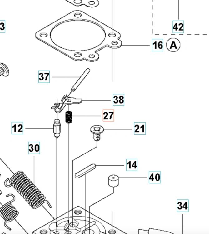 Sprężyna gaźnika do wykaszarki Husqvarna 345FR, metalowa, spiralna o wyraźnym, zwartej konstrukcji. W zestawie z innymi elementami gaźnika, jak gniazdo, zawory i mocowania. Widok z góry, szczegóły wyraźnie widoczne, na białym tle.